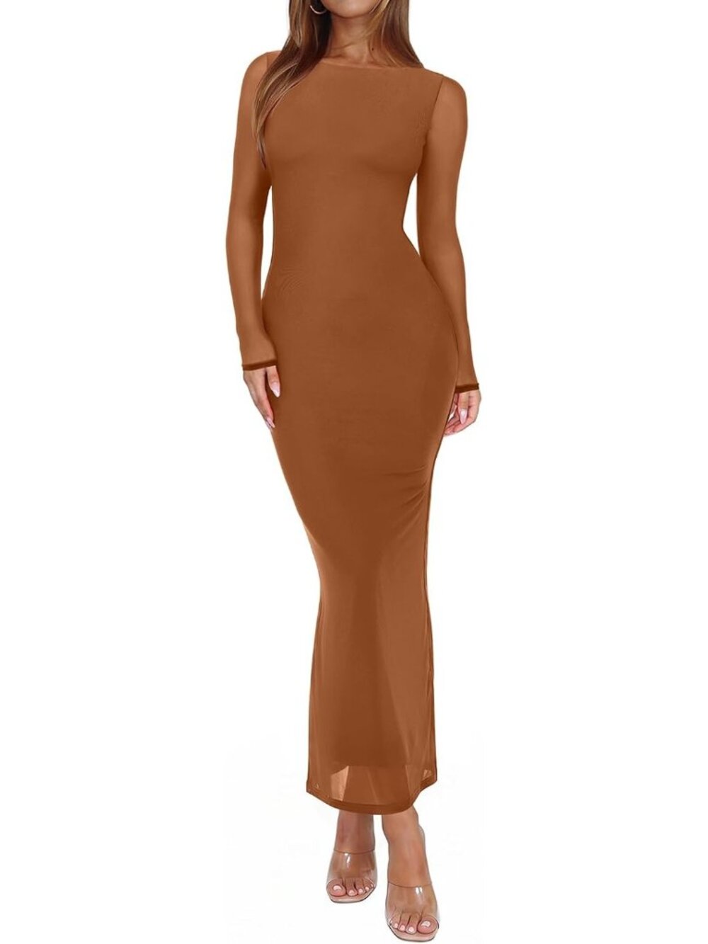 Women's Brown Long Sleeve Sexy Floral Bodycon Wedding Guest Maxi Long Dresses